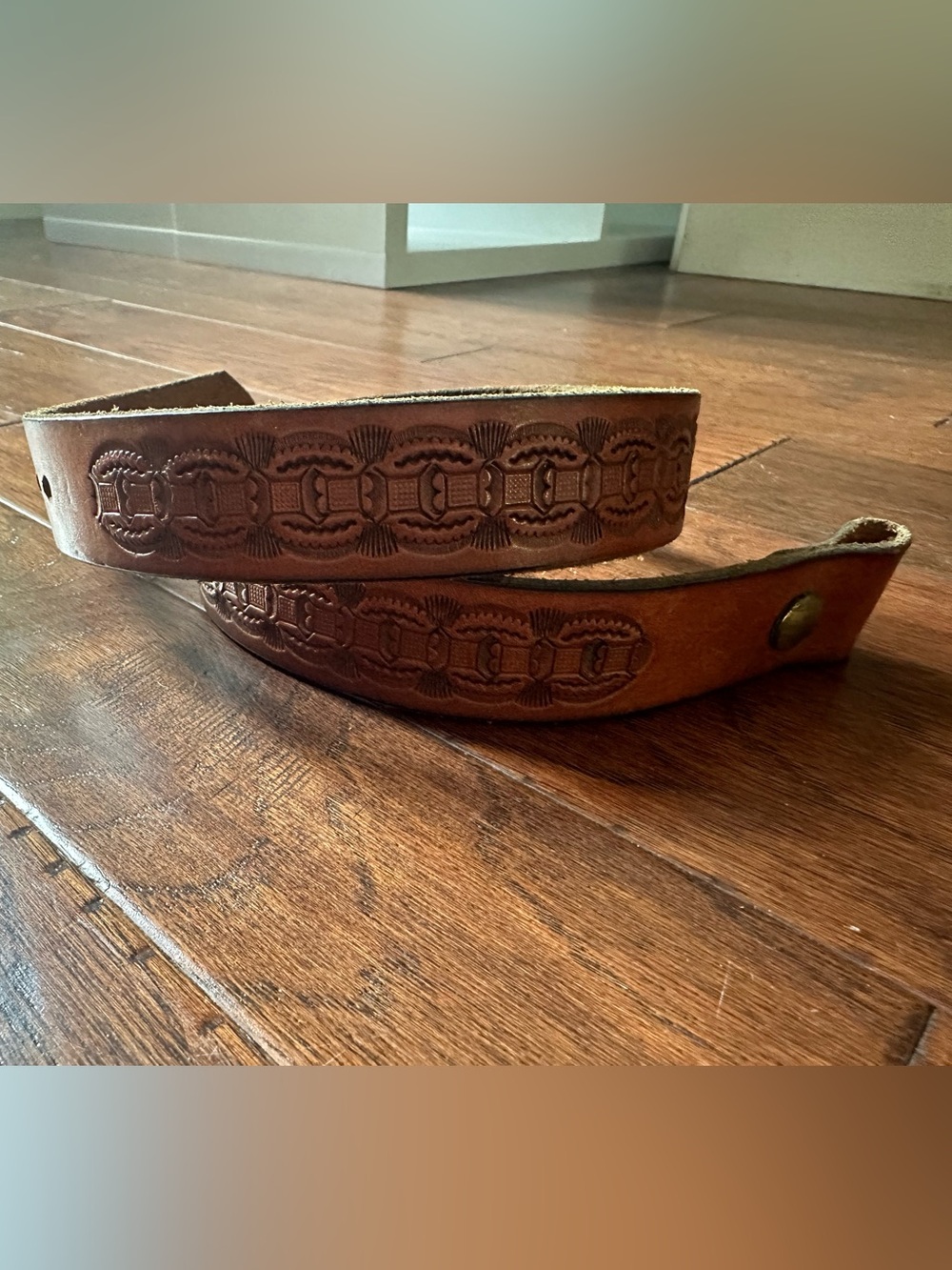 Vintage Brown Leather Hand Tooled Belt - 33in Long
